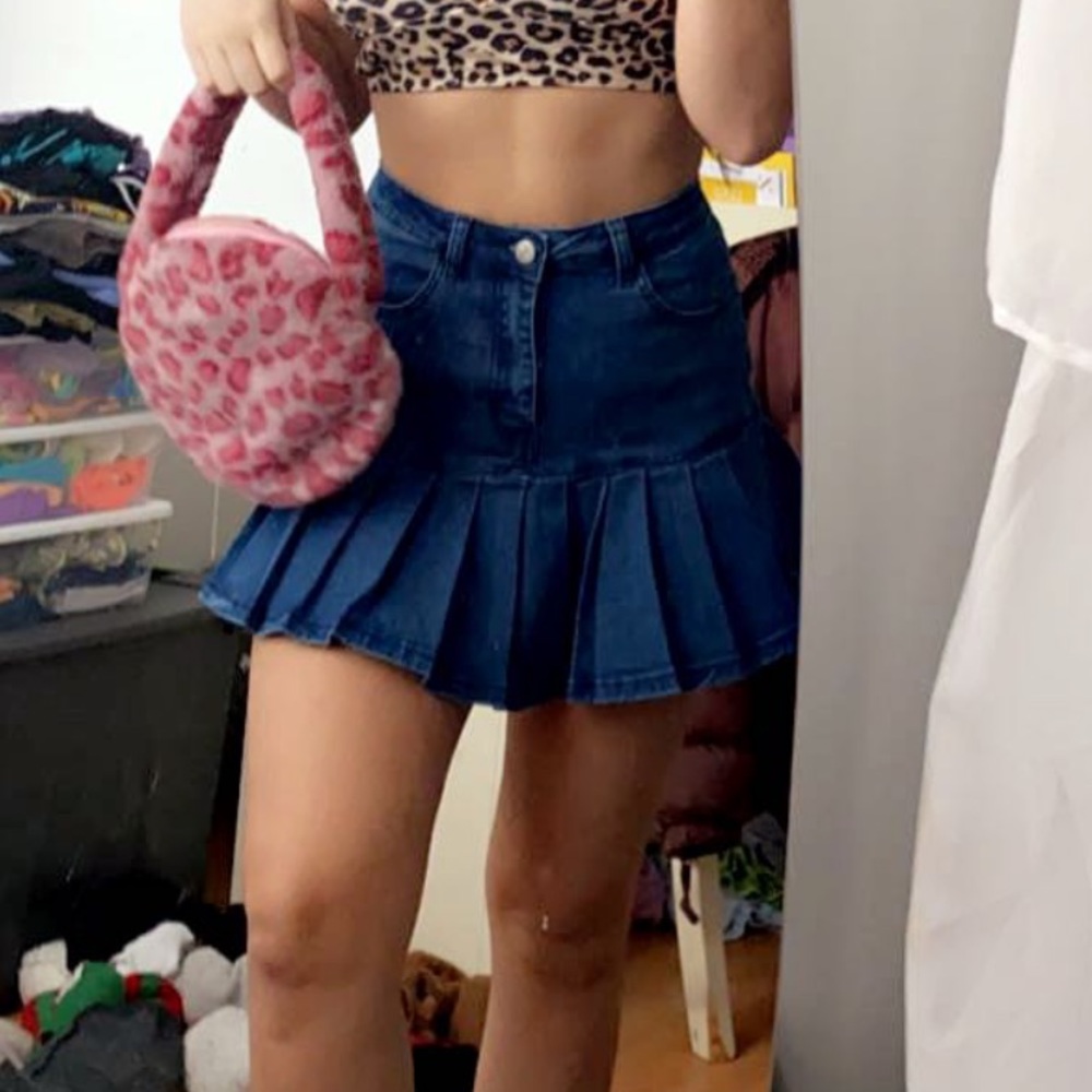 Pleated Denim Mini Skirt